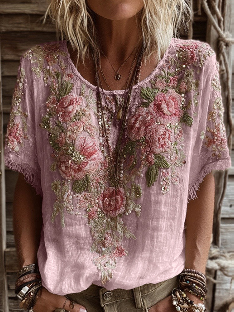 Women's Pink Rose Embroidery Art Round Neck Short Sleeve Linen Blend T-shirt