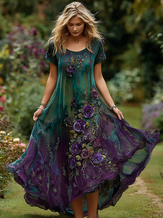 Women's Vintage Floral Embroidery Gradient Pattern Round Neck Dress