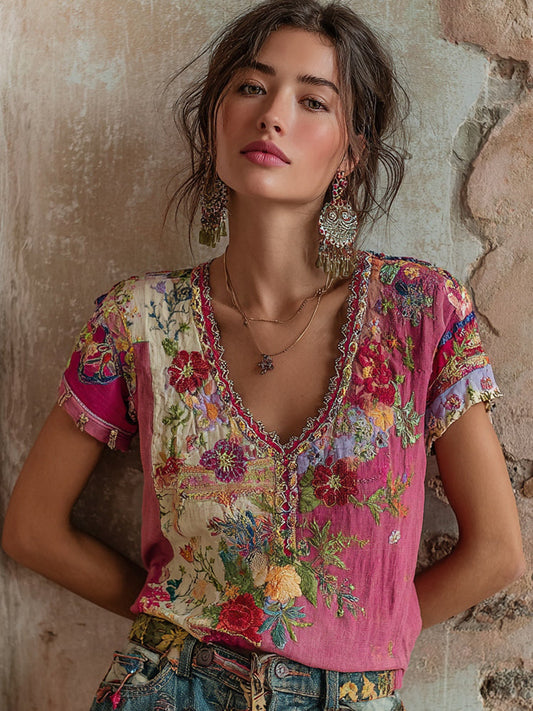 Women's Bohemian Floral Embroidery Art V-neck Contrast Color Linen Blend T-shirt