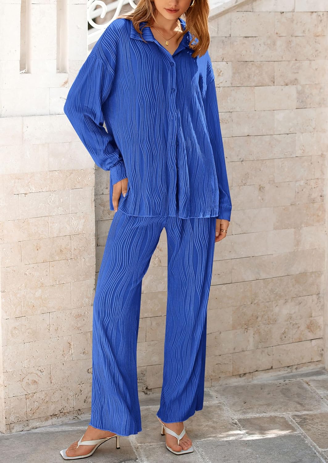 Women's 2 Piece Textured Sets Casual Button Down Shirt Wide Leg Pants Outfit Loungewear Tracksuit