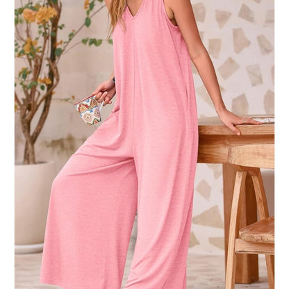 Women's Casual Summer Overall Jumpsuits Sleeveless Tank V Neck Wide Leg Loose One Piece Romper