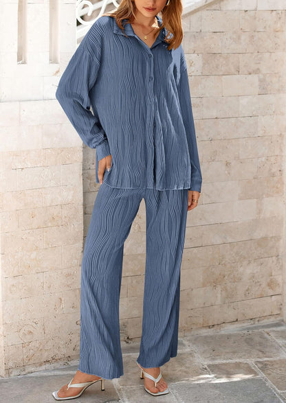 Women's 2 Piece Textured Sets Casual Button Down Shirt Wide Leg Pants Outfit Loungewear Tracksuit
