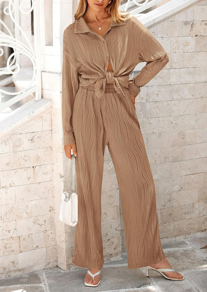 Women's 2 Piece Textured Sets Casual Button Down Shirt Wide Leg Pants Outfit Loungewear Tracksuit