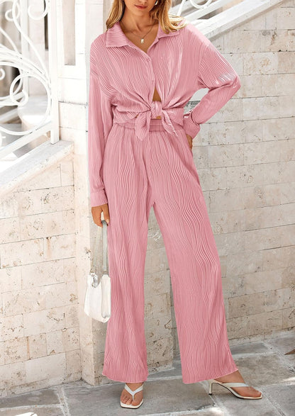 Women's 2 Piece Textured Sets Casual Button Down Shirt Wide Leg Pants Outfit Loungewear Tracksuit