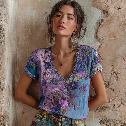 Women's Bohemian Floral Embroidery Art V-neck Contrast Color Linen Blend T-shirt