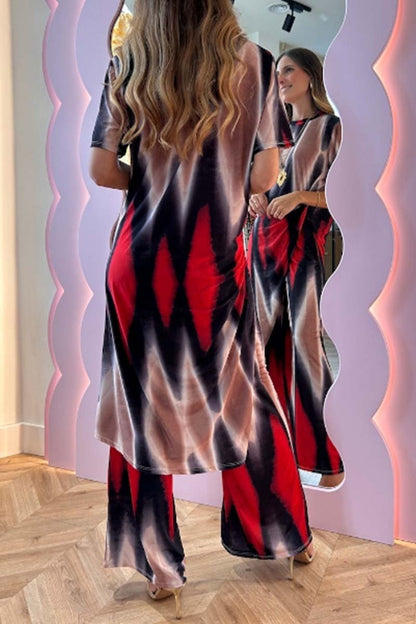 Women's casual tie-dye slit tops and pants two-piece set