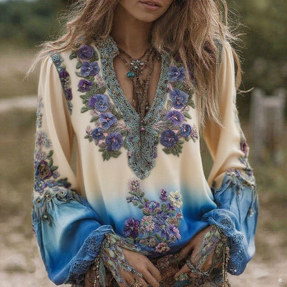 Vintage Classy Gradient Purple Pansy Embroidered Art Linen Long Sleeve Blouse