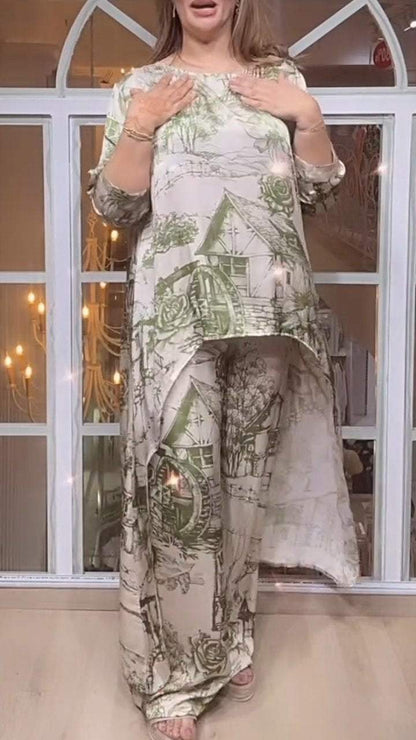Round Neck Casual Long Sleeve Printed Two Piece Suit