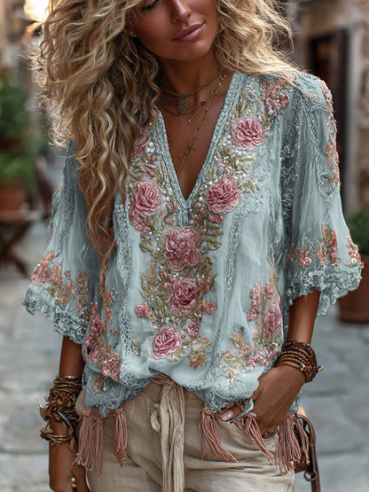 Women's Vintage Rose Embroidery Art Comfy Linen Shirts