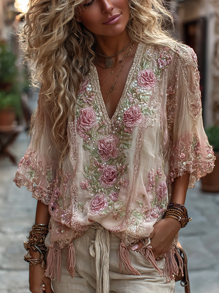 Women's Vintage Rose Embroidery Art Comfy Linen Shirts