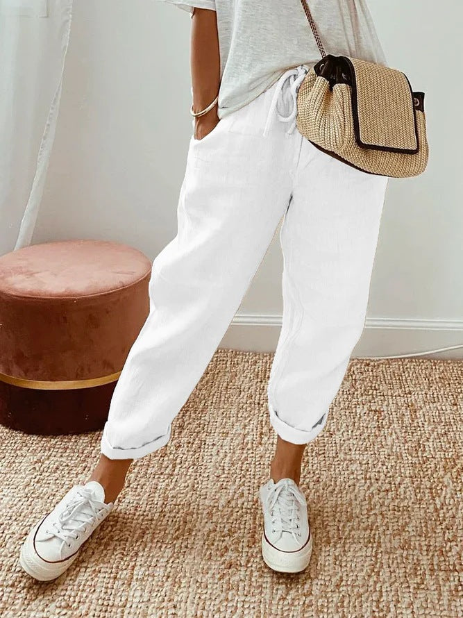 Solid Color Insert Pocket Drawstring Casual Pants