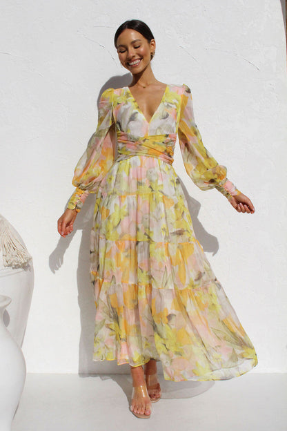 Painted Inspiration Blumen-Maxikleid mit Ballonärmeln