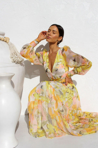 Painted Inspiration Blumen-Maxikleid mit Ballonärmeln