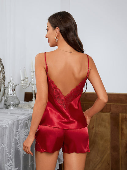 🧚Women Satin Pajama Set Sexy V Neck Backless Lace Sleepwear