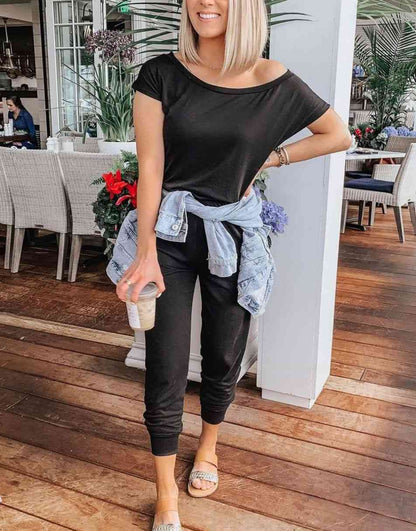 ANRABESS Casual Off Shoulder Elastic Waist Stretchy Long Romper Jumpsuit