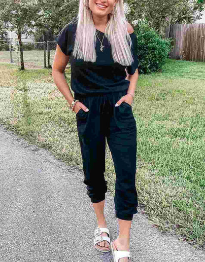 ANRABESS Casual Off Shoulder Elastic Waist Stretchy Long Romper Jumpsuit