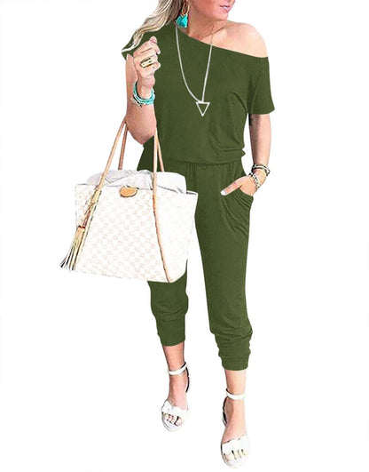 ANRABESS Casual Off Shoulder Elastic Waist Stretchy Long Romper Jumpsuit