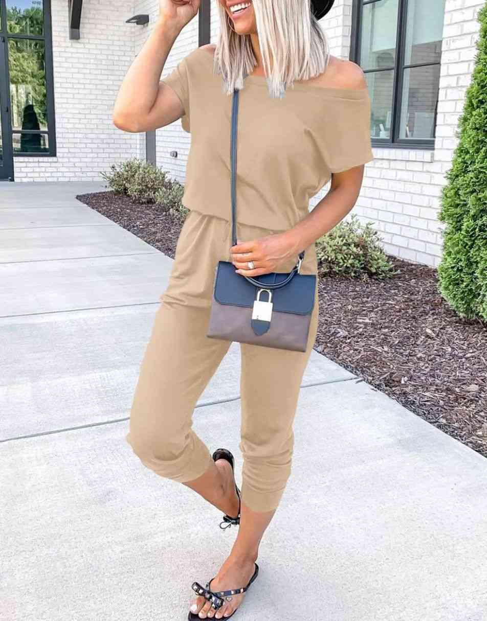 ANRABESS Casual Off Shoulder Elastic Waist Stretchy Long Romper Jumpsuit