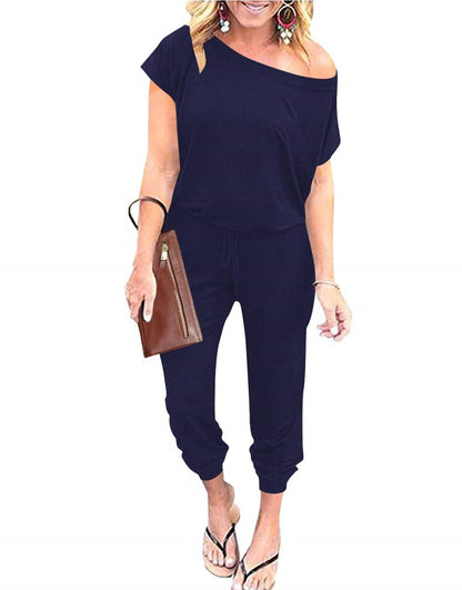 ANRABESS Casual Off Shoulder Elastic Waist Stretchy Long Romper Jumpsuit