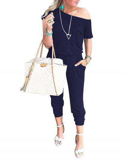ANRABESS Casual Off Shoulder Elastic Waist Stretchy Long Romper Jumpsuit