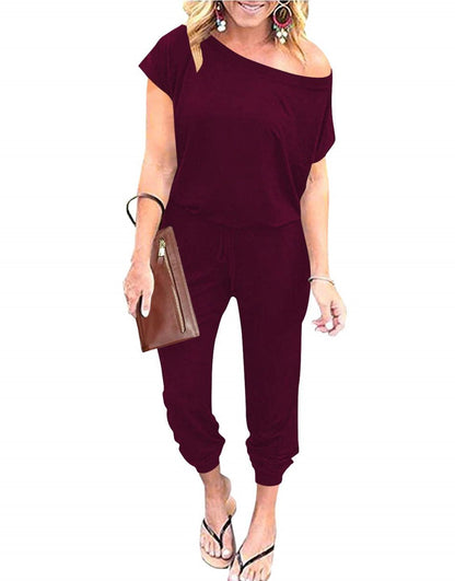 ANRABESS Casual Off Shoulder Elastic Waist Stretchy Long Romper Jumpsuit