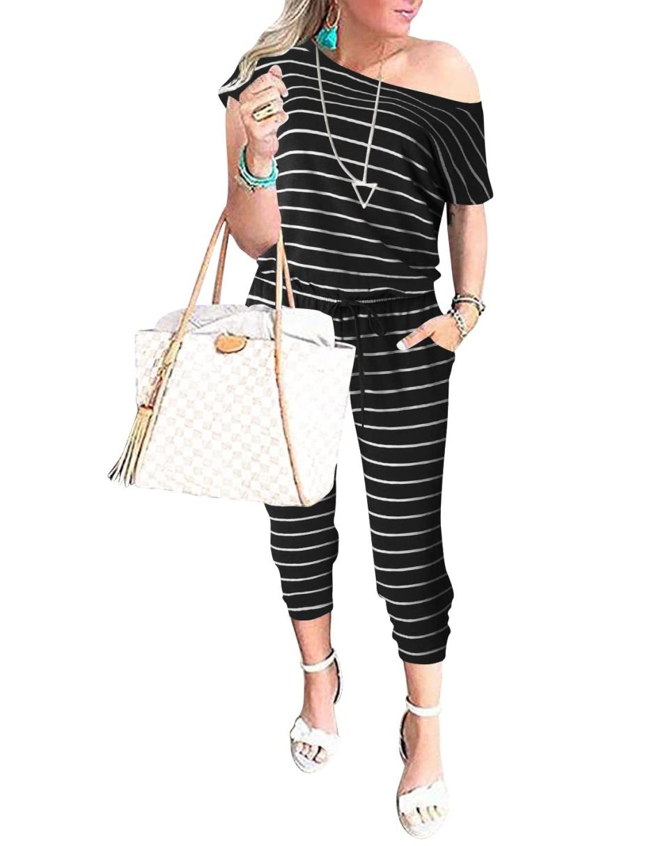 ANRABESS Casual Off Shoulder Elastic Waist Stretchy Long Romper Jumpsuit