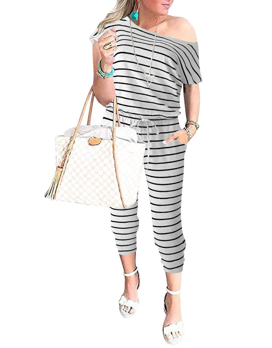 ANRABESS Casual Off Shoulder Elastic Waist Stretchy Long Romper Jumpsuit