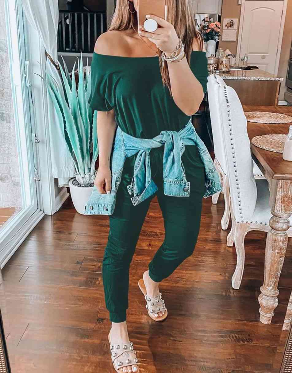 ANRABESS Casual Off Shoulder Elastic Waist Stretchy Long Romper Jumpsuit