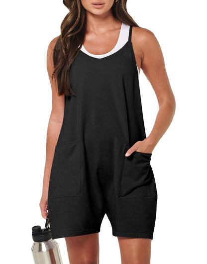 Anrabess Casual Rompers Loose Spaghetti Strap Shorts Jumpsuit with Pockets
