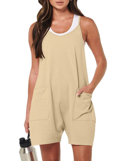 Anrabess Casual Rompers Loose Spaghetti Strap Shorts Jumpsuit with Pockets