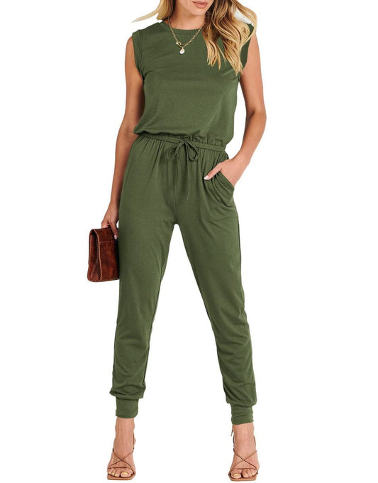 ANRABESS Crewneck Sleeveless Stretchy Jumpsuits Rompers with Pockets