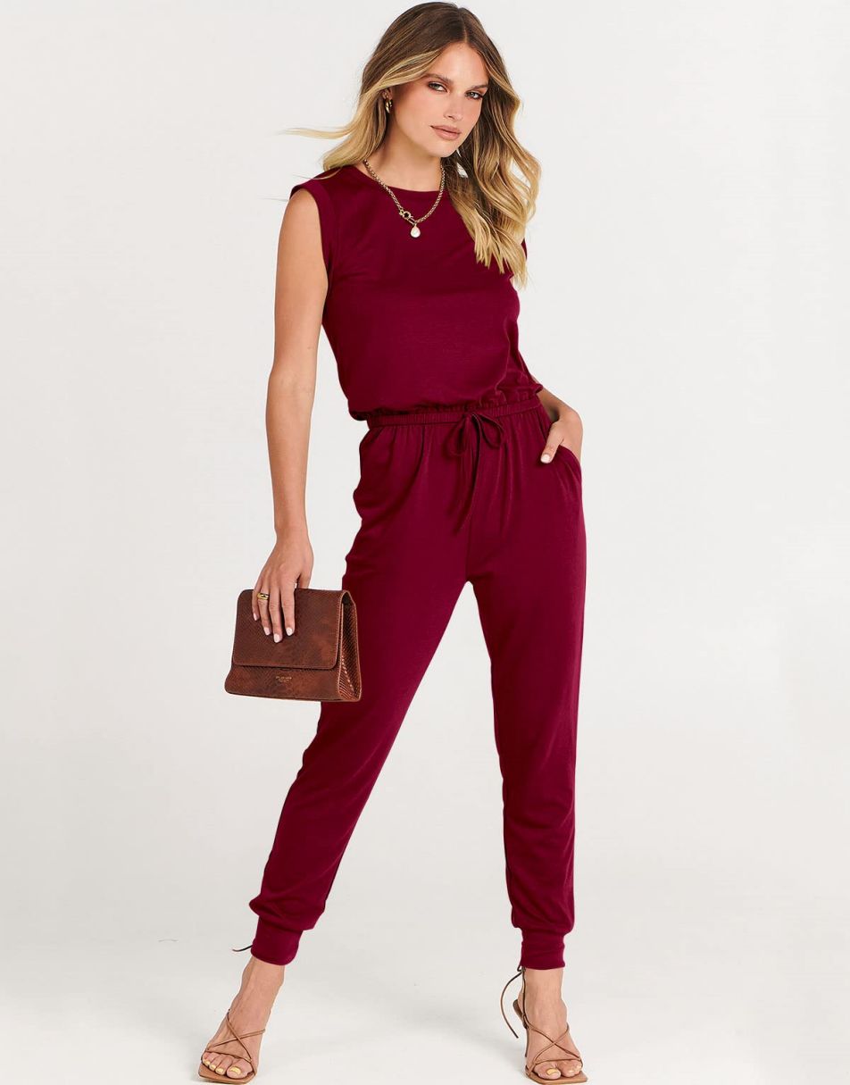 ANRABESS Crewneck Sleeveless Stretchy Jumpsuits Rompers with Pockets