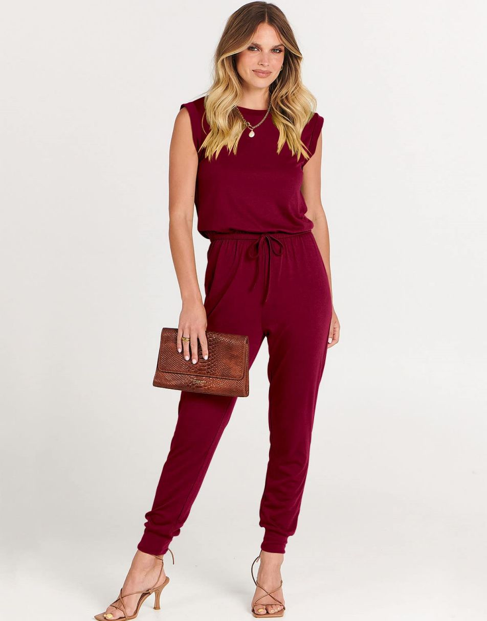 ANRABESS Crewneck Sleeveless Stretchy Jumpsuits Rompers with Pockets