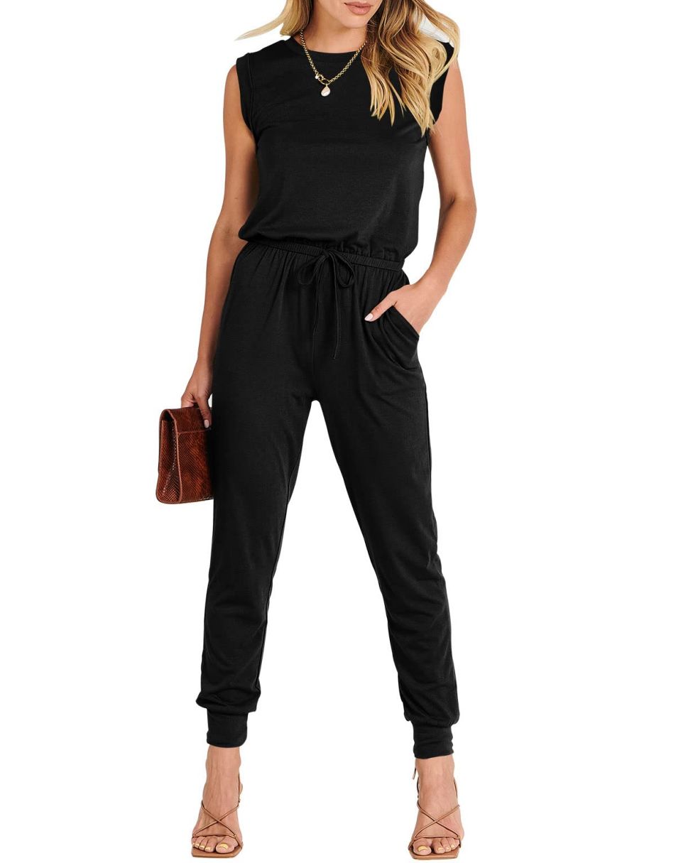 ANRABESS Crewneck Sleeveless Stretchy Jumpsuits Rompers with Pockets
