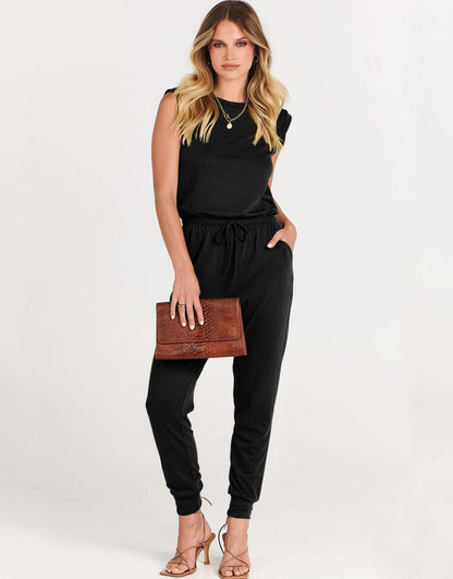 ANRABESS Crewneck Sleeveless Stretchy Jumpsuits Rompers with Pockets
