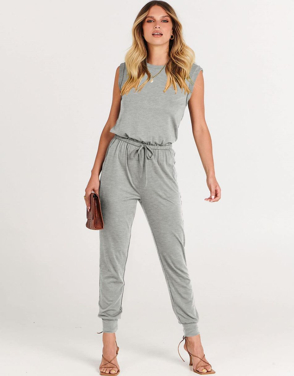 ANRABESS Crewneck Sleeveless Stretchy Jumpsuits Rompers with Pockets