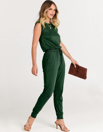 ANRABESS Crewneck Sleeveless Stretchy Jumpsuits Rompers with Pockets