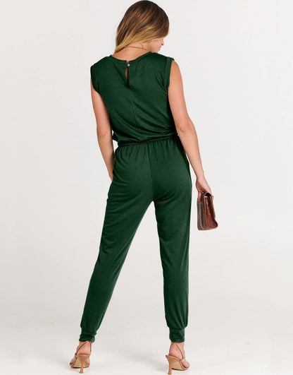 ANRABESS Crewneck Sleeveless Stretchy Jumpsuits Rompers with Pockets