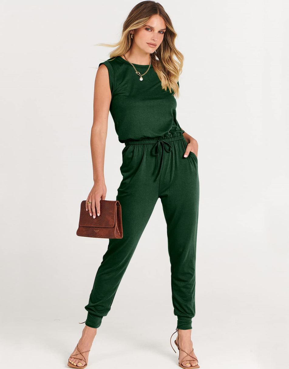 ANRABESS Crewneck Sleeveless Stretchy Jumpsuits Rompers with Pockets