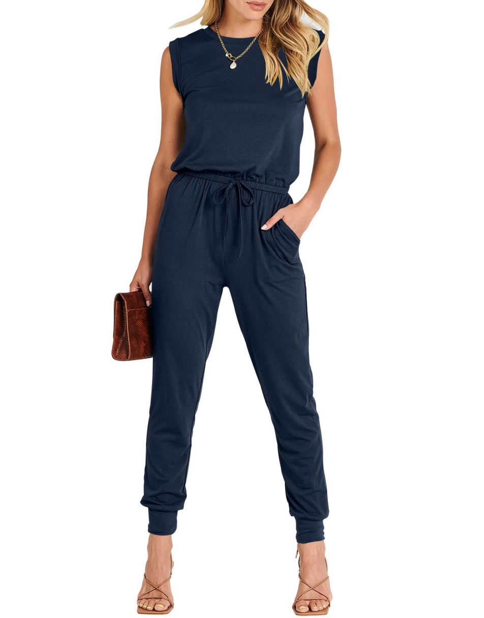 ANRABESS Crewneck Sleeveless Stretchy Jumpsuits Rompers with Pockets