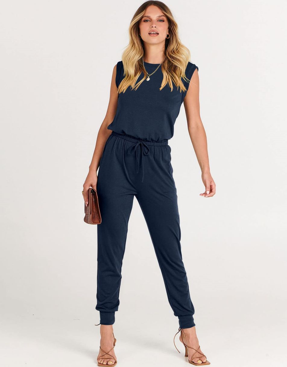 ANRABESS Crewneck Sleeveless Stretchy Jumpsuits Rompers with Pockets