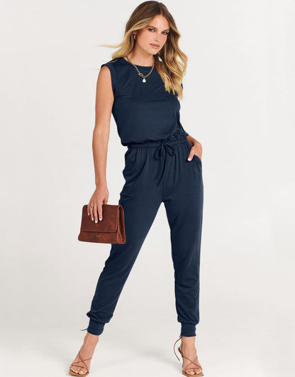 ANRABESS Crewneck Sleeveless Stretchy Jumpsuits Rompers with Pockets
