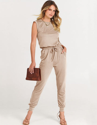 ANRABESS Crewneck Sleeveless Stretchy Jumpsuits Rompers with Pockets