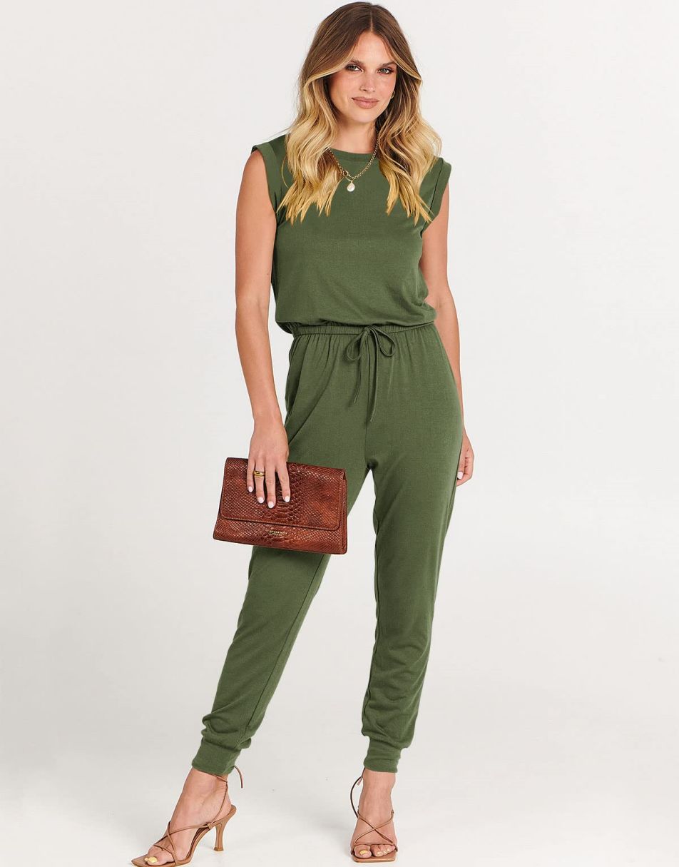 ANRABESS Crewneck Sleeveless Stretchy Jumpsuits Rompers with Pockets