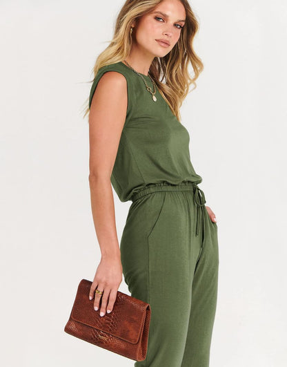 ANRABESS Crewneck Sleeveless Stretchy Jumpsuits Rompers with Pockets