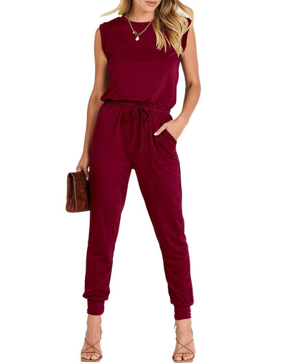 ANRABESS Crewneck Sleeveless Stretchy Jumpsuits Rompers with Pockets