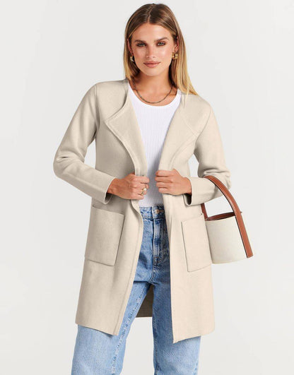 ANRABESS Women's Open Front Knit Cardigan Long Sleeve Lapel Casual Solid Classy Sweater Jacket