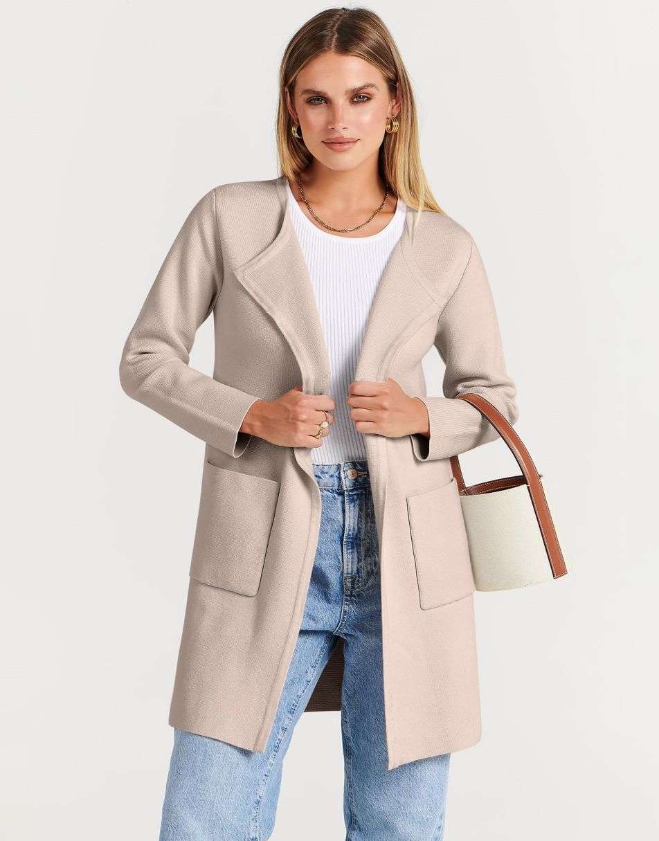 ANRABESS Women's Open Front Knit Cardigan Long Sleeve Lapel Casual Solid Classy Sweater Jacket