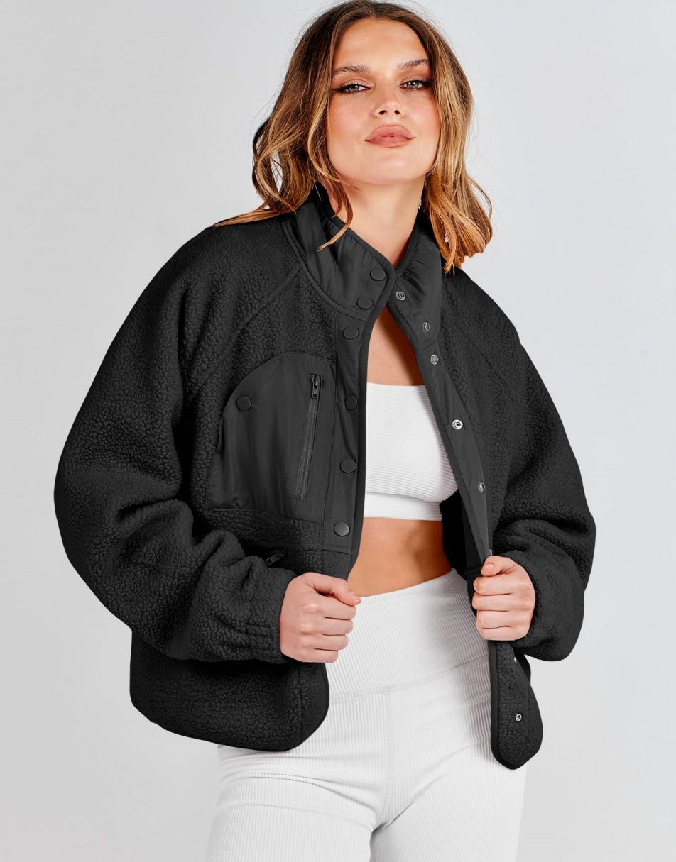ANRABESS Womens Fleece Jacket Button Down Shacket Casual Sherpa Cropped Coats Warm Outwear with Pockets