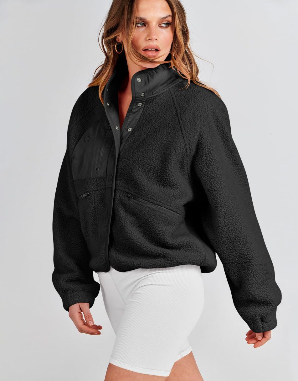 ANRABESS Womens Fleece Jacket Button Down Shacket Casual Sherpa Cropped Coats Warm Outwear with Pockets